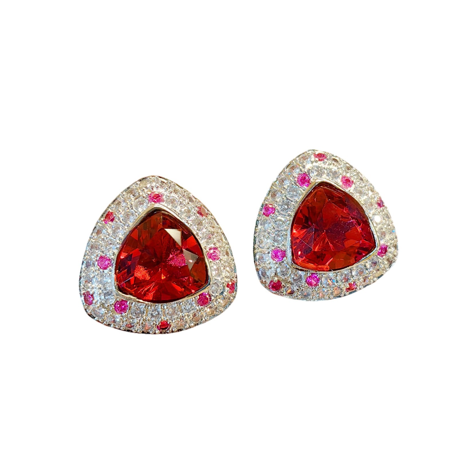 Picture of European and American socialite retro geometric fat triangle red diamond earrings artificial pigeon hemoglobin ring color treasure earrings suit