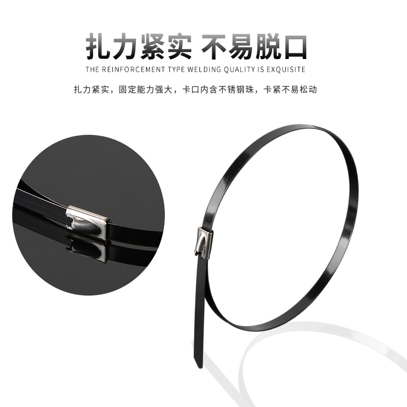 Picture of Metal marine cable tie 201 plastic spray ball self-locking 304 stainless steel cable tie 4.6*300 metal cable tie