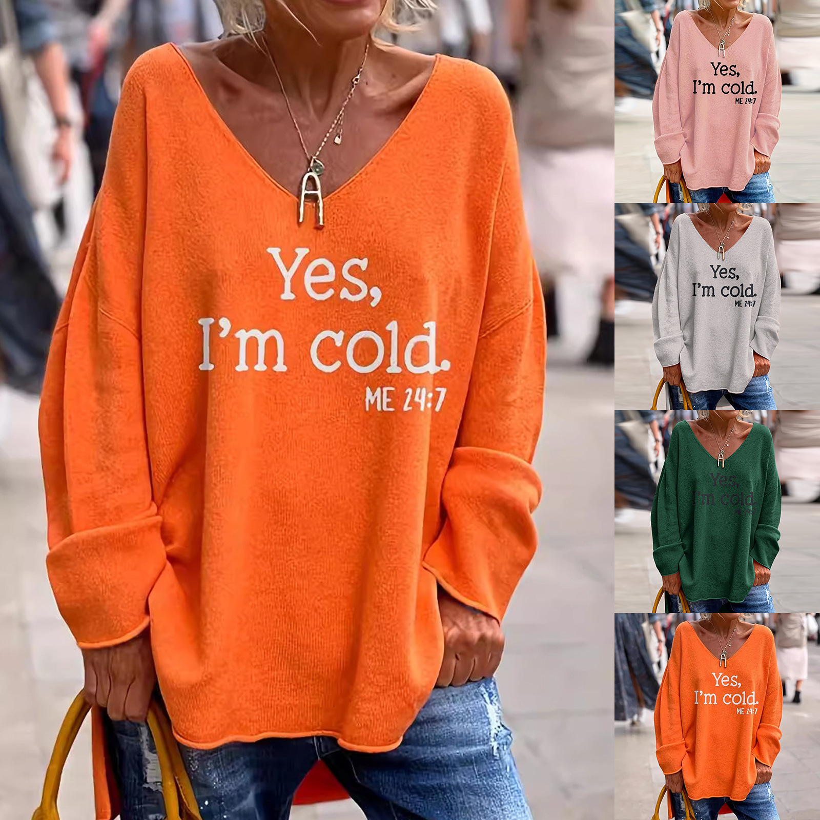 European and American Cross-border Amazon Personalized Street Fashion Loose Casual Solid Color Letter Printed V-neck Sweater for Women
