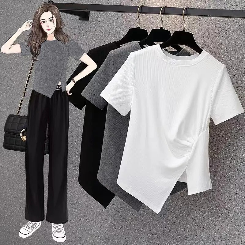 Irregular Design Sense T-shirt Women's Summer 2022 New Loose Slimming Solid Color Large Size Women's Short Sleeve Top Wholesale