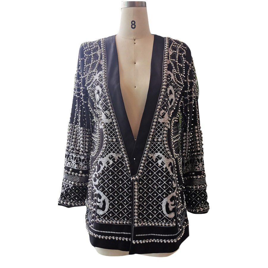 Beaded V-neck jacket high-end bubble bead V-neck hidden buckle autumn and winter elegant British women's suit jacket