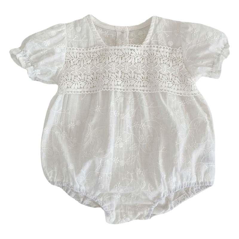 ins Summer Baby and Young Children's Sleepsuit Lace Embroidered Lace Bubble Short-sleeved Triangle Sleeve Sleeve Climbing Suit