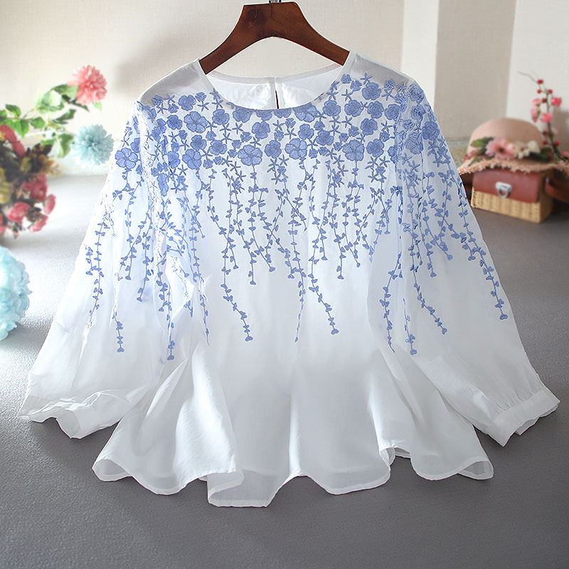 Thin Heavy Industry Embroidery Flower Loose Slim Small Fresh Cotton and Linen Art A Edition Mori Women's Shirt Women's Top Agent