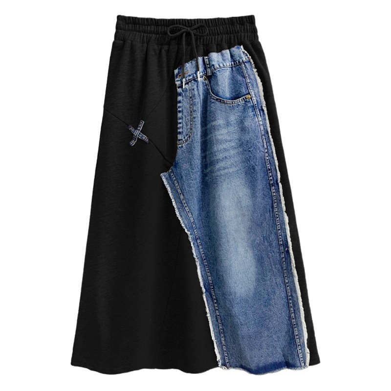 American Style Street contrast color stitching Denim sweater skirt for women Spring and Autumn New loose slimming Western style A- line skirt