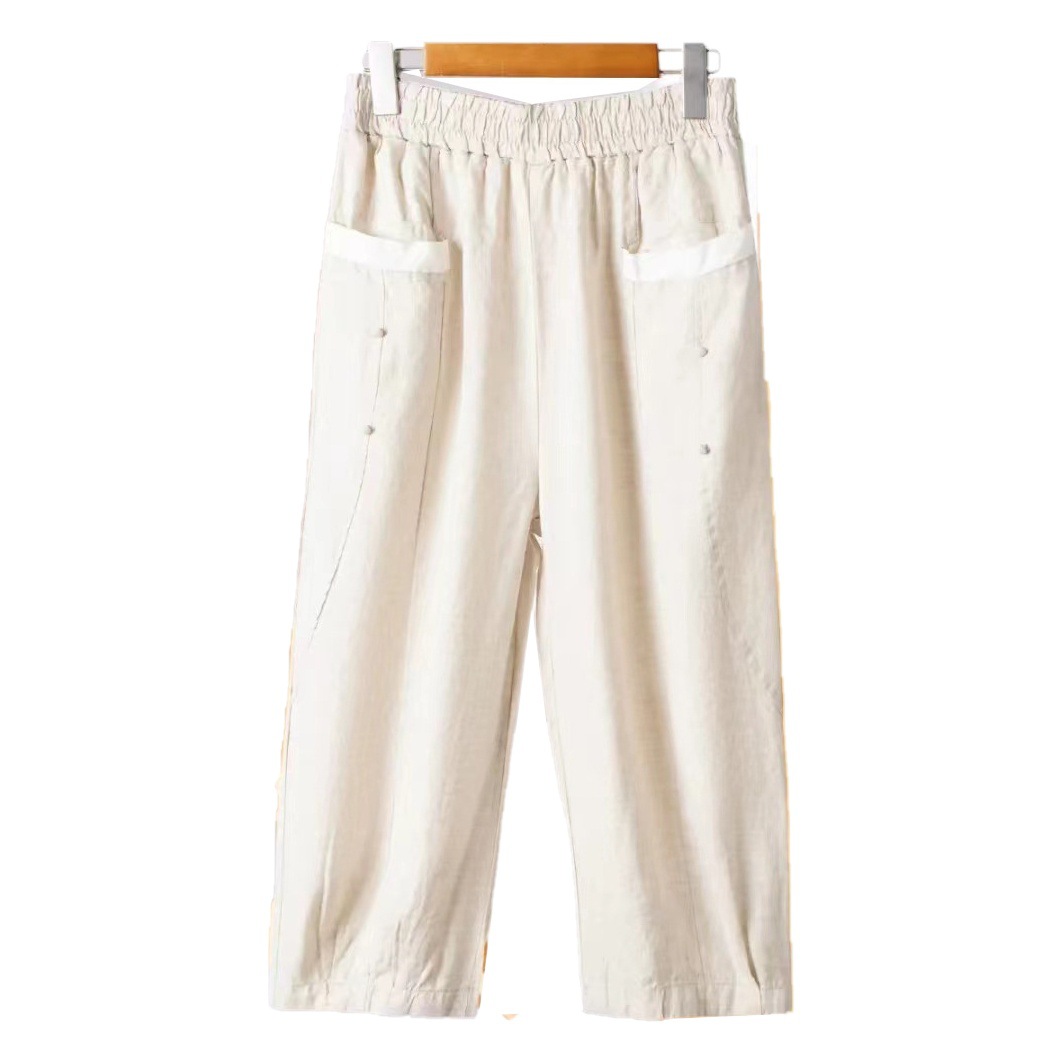 Xinyue Seven-point Casual Pants Women's 2023100 Pure Linen Loose Stitching Tape High Waist Elasticated Straight Pants for Children