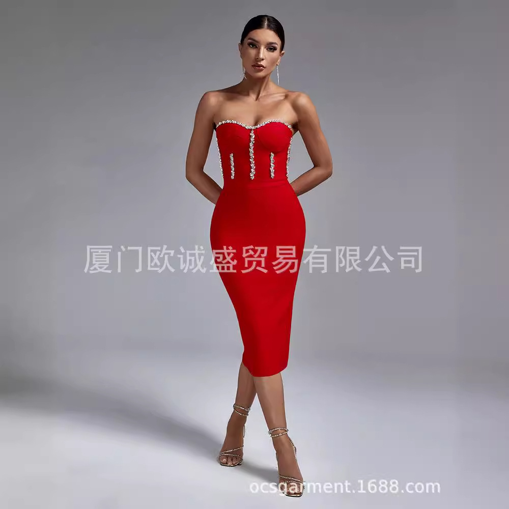 Bandage Dress European and American Strapless Backless Rhinestone High Temperament Slim Fit Bandage Banquet Dress dress