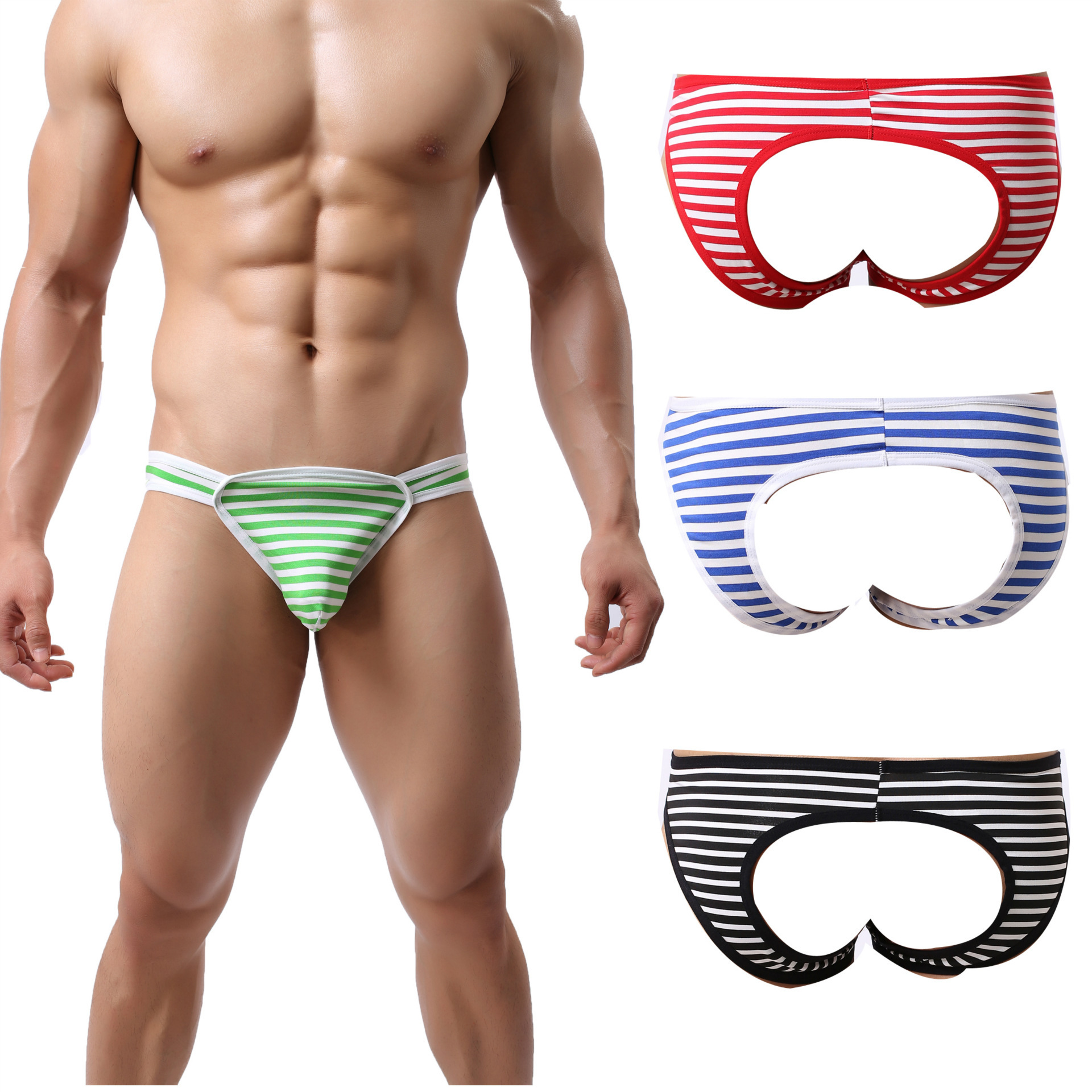 Picture of Underwear Men's Striped Comfortable Face-off Fashion Low Waist Sexy Leaky Hip Atmospheric Briefs