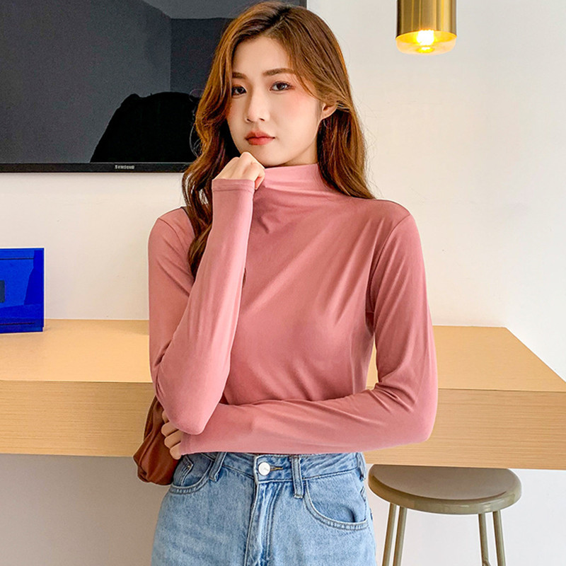 Picture of Milk Silk Bottoming Shirt Women's Long-Sleeved T-Shirt Half Turtleneck Spring, Autumn and Winter 2025 New Black Inner Style Tight Top