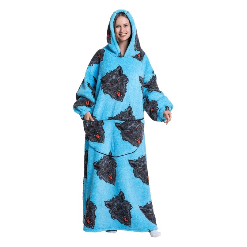 2022 Composite Flannel Lazy Pajamas Pullover Cartoon Hooded Nightgown TV Blanket Home Warm Plus