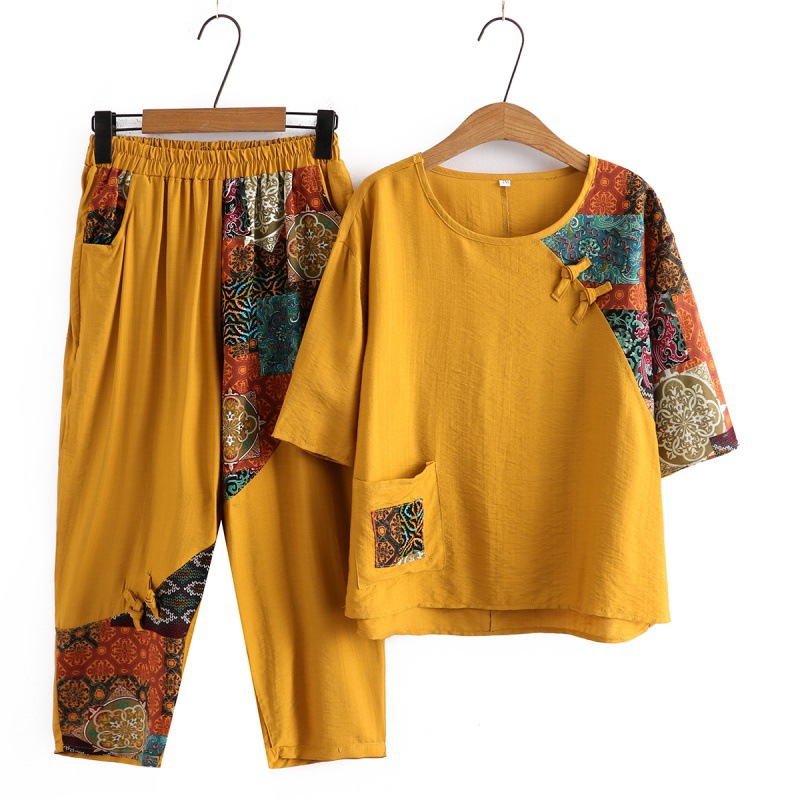 Picture of Western-Style Mom Summer Suit, Large Size Loose Middle-Aged and Elderly Women's Clothing, Fashionable Grandma's Age-Reducing Retro Casual Two-Piece Set