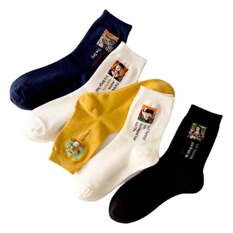 Socks Women's European and American Fashion Cartoon Famous Painting Women's Cotton Socks Autumn and Winter New Sports Casual Women's Korean Socks