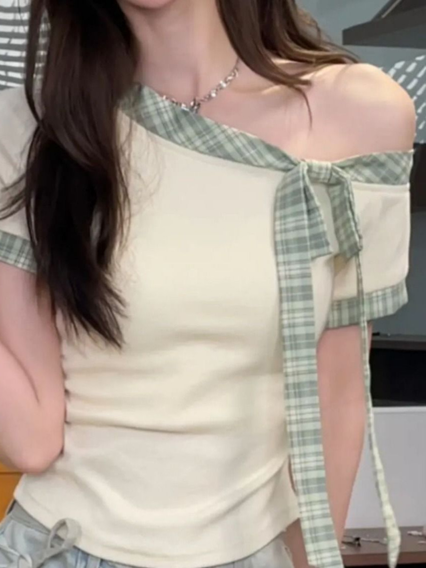 Retro Plaid Lace-Up Stitching Slanted Shoulder Collar Off-Shoulder T-Shirt Short-Sleeved 2025 Summer Bow Slim Bottoming Top