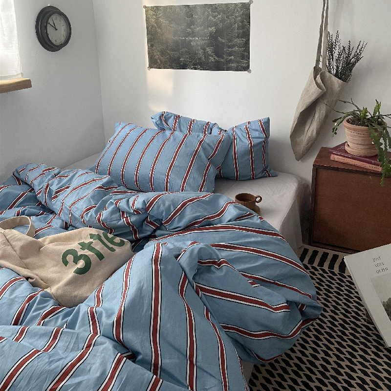 Picture of ins Same Style Simple Striped Cotton Bed Four-piece Set Pure Cotton Bed Sheet Quilt Cover Bedclothes Student Three-piece Set