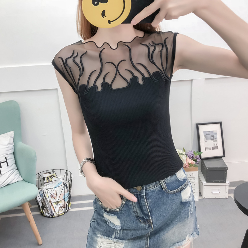 Summer New Lace Stitching Lace Hollow Camisole Women's Base Shirt Round Neck Sexy Outer Wear Sleeveless Top