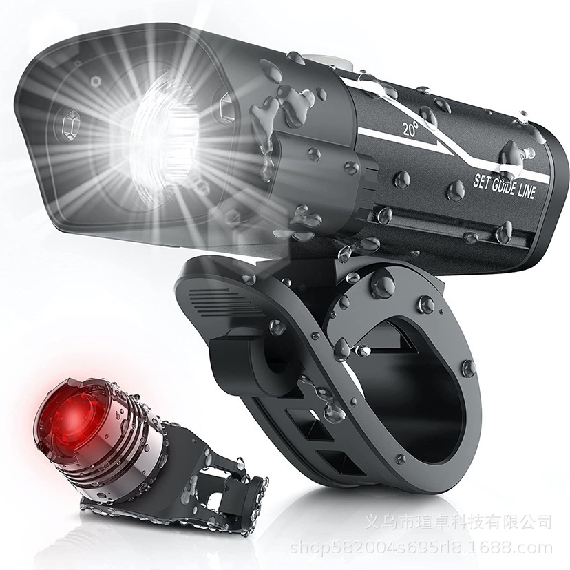 Bicycle headlight strong light USB rechargeable aluminum alloy mountain bike headlight 5-speed warning light riding flashlight set