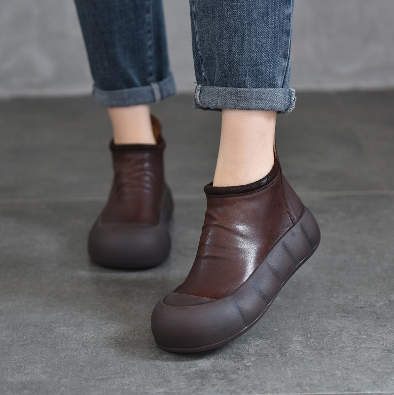 Designer Recommendation Retro Casual Genuine Leather Short Boots Baotou Thick-Soled Women's Boots Cowhide Leather Boots