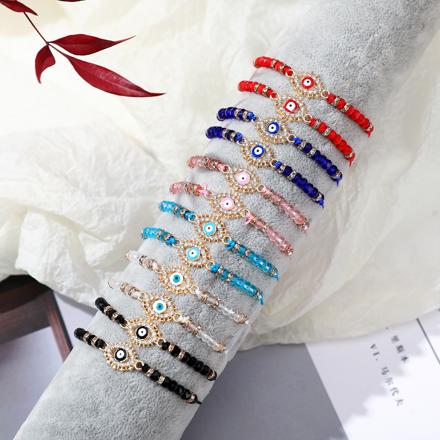 Picture of European and American Hot Devil's Eye Bracelet Crystal Beaded Lucky Handrope Adjustable Woven Bracelet Set of 12