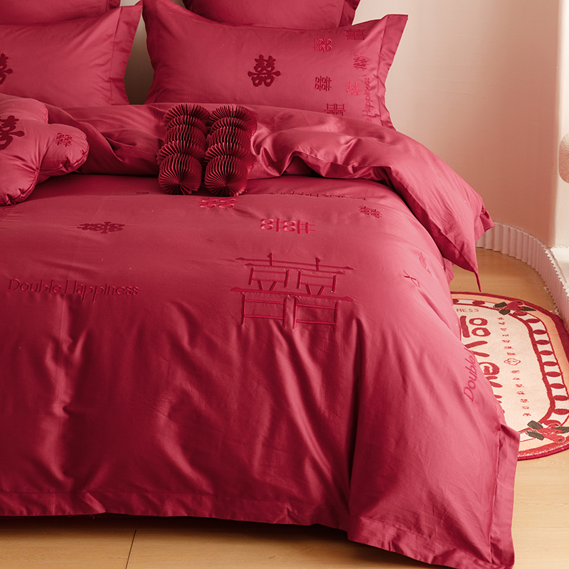 Picture of Baixi new Chinese wedding long-staple cotton satin wedding four-piece cotton cotton embroidered red bedding