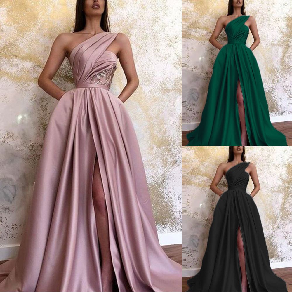 Picture of Temperament Sloping Shoulder Evening Gown Sexy Slit Sloping Shoulder Evening Dress
