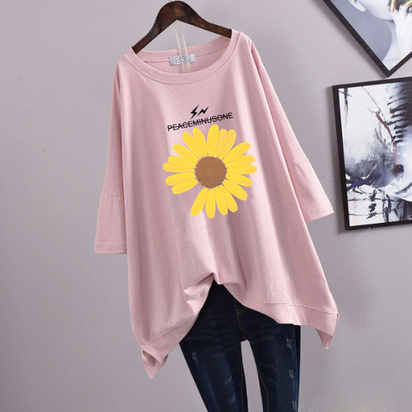 Picture of 100kg Plus Size Women's Summer Leaf Print Casual Slit Mid-Length Short Sleeve T-Shirt Loose Oversized Style