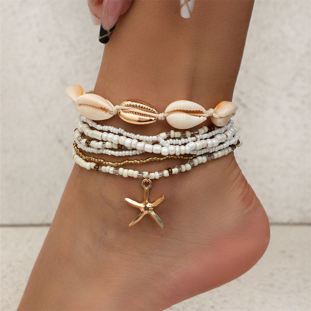 Europe and the United States cross-border bohemian style foreign trade starfish woven anklet summer beach shell rice beads foot ornaments 7-piece set