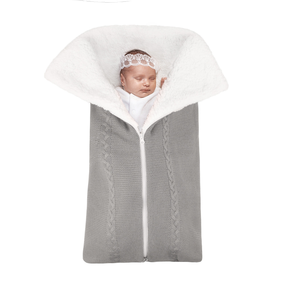 Picture of Hot Selling New Wool Knitted Plus Velvet Baby Sleeping Bag Baby Blanket Stroller Zipper Sleeping Bag Blanket Two-In-One