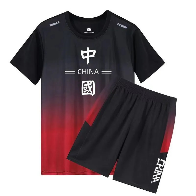 Gradient Color Fitness Clothing Men's Ice Silk Quick-Drying Sportswear Suit 2025 Summer New Short-Sleeved Morning Running Football Clothing