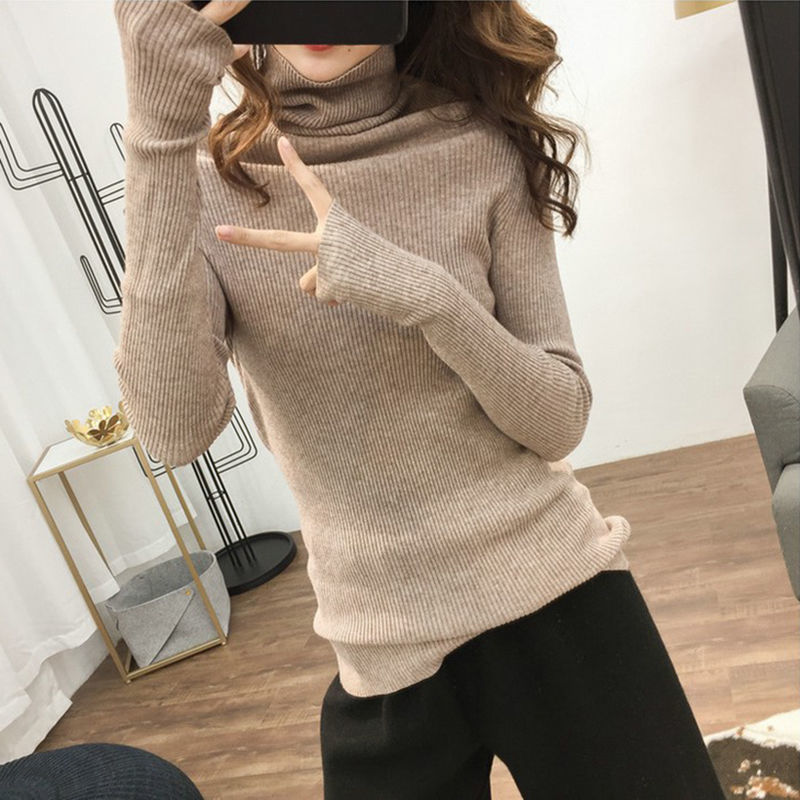 Cored yarn turtleneck sweater women's pullover 2023 autumn and winter new all-match pile collar slim-fit thickened bottoming sweater