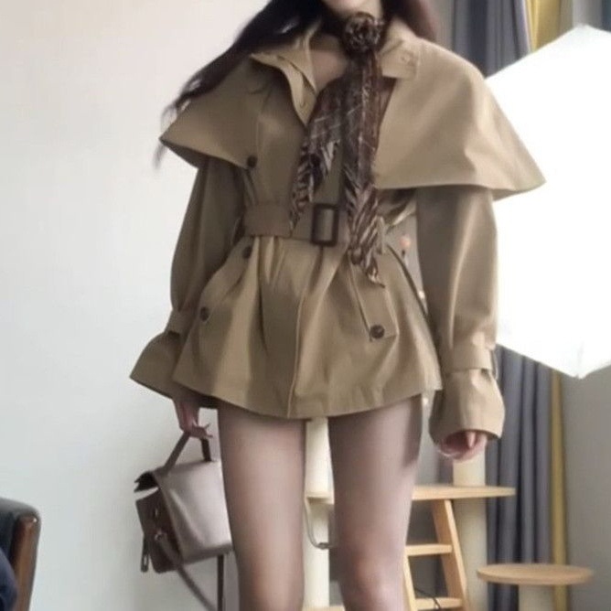 British-style khaki stand-collar trench coat coat high-end temperament design two-wear mid-length waist slim coat