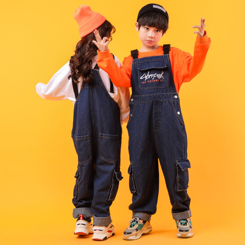 Picture of Children's suspenders costume girls jazz dance suit hip-hop loose denim baggy pants boys hip-hop fashion cool