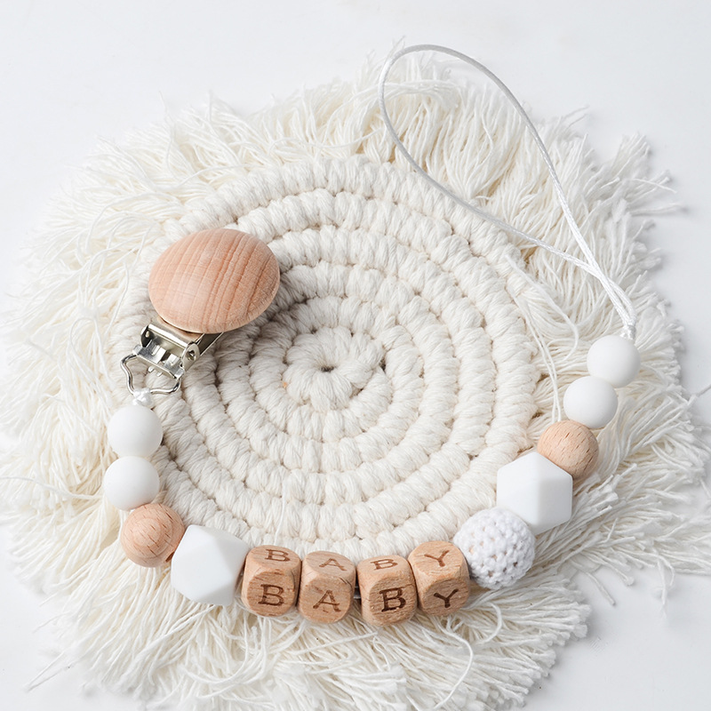 Picture of New Beech pacifier clip Beech letters BABY silicone octagonal beads wool crochet anti-drop chain