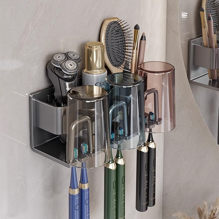 Picture of Toothbrush Storage Rack Non-Punch Brush Cup Mouthwash Cup Rack Wall-Mounted Bathroom Household Toothware Hanger