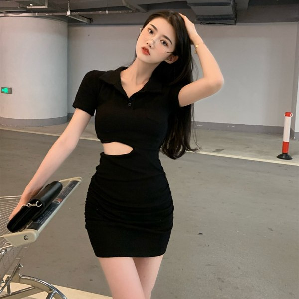 Design-Sense Lapel Button Short-Sleeved Dress Niche Pleated Spring Dress Hollow Open-Waist Black Hip Skirt for Women