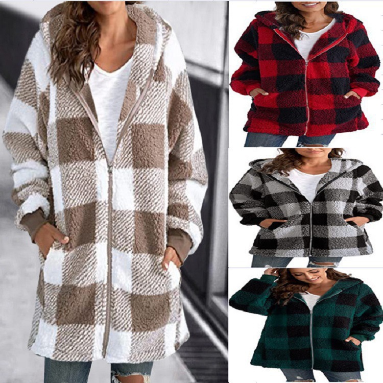European and American Plush Women's Outwear 2023 New Amazon Long-sleeved Plaid Hooded Zipper with Flap Pocket Pants Loose Outwear