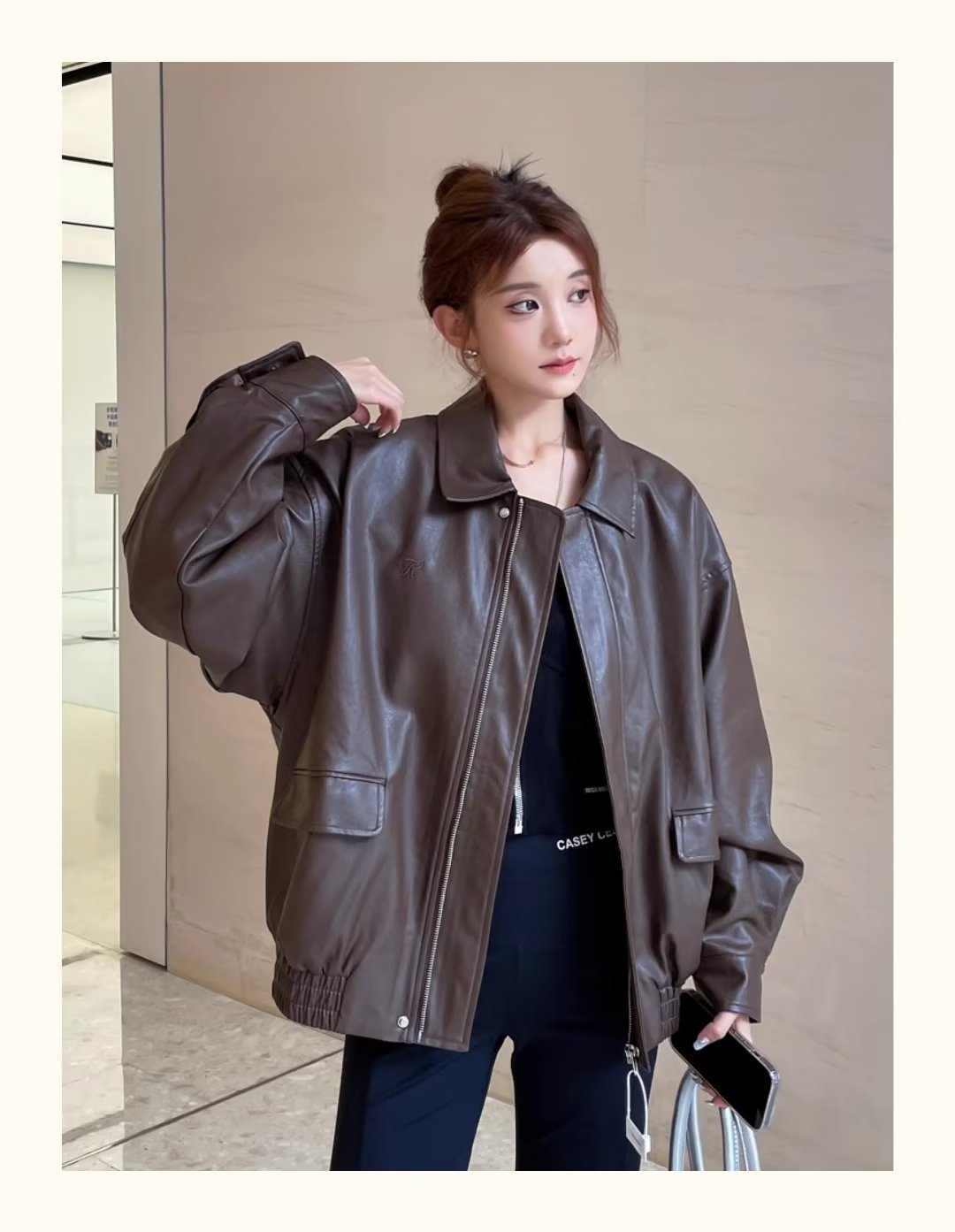 Picture of American Retro Brown Pu Leather Jacket for Women Spring & Fall 2023 New Oversize Niche Motorcycle Jacket Top