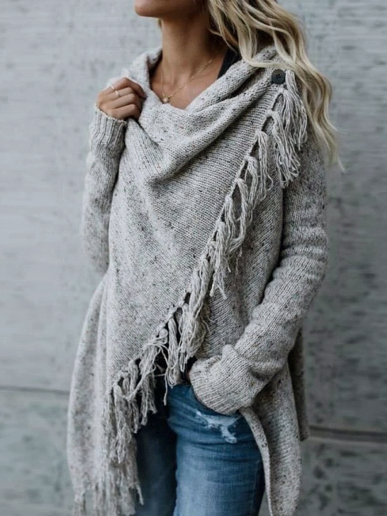 Foreign Trade Cross-Border European and American Amazon Source Manufacturer Knitted Long-Sleeved Sweater Pure Color Ribbed Tassel Spring & Fall Style