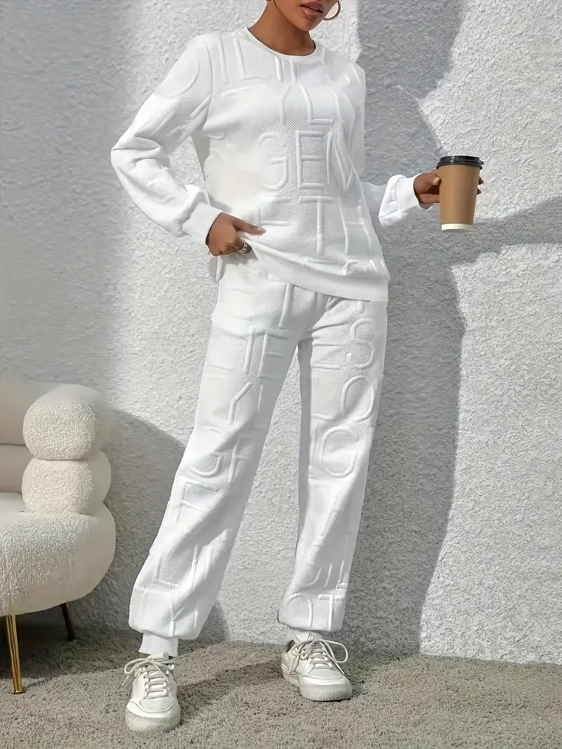 Amazon European and American Cross-border Women's Spring Autumn and Winter Casual Loose White Letter Jacquard Crewneck Long Sleeve Sweatshirt