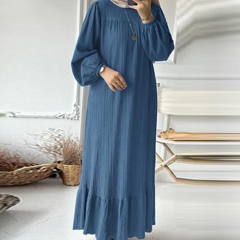 2024 Muslim Women's Robe Spring and Autumn New Fashion Puff Sleeve Retro Pocket Ruffle Dress