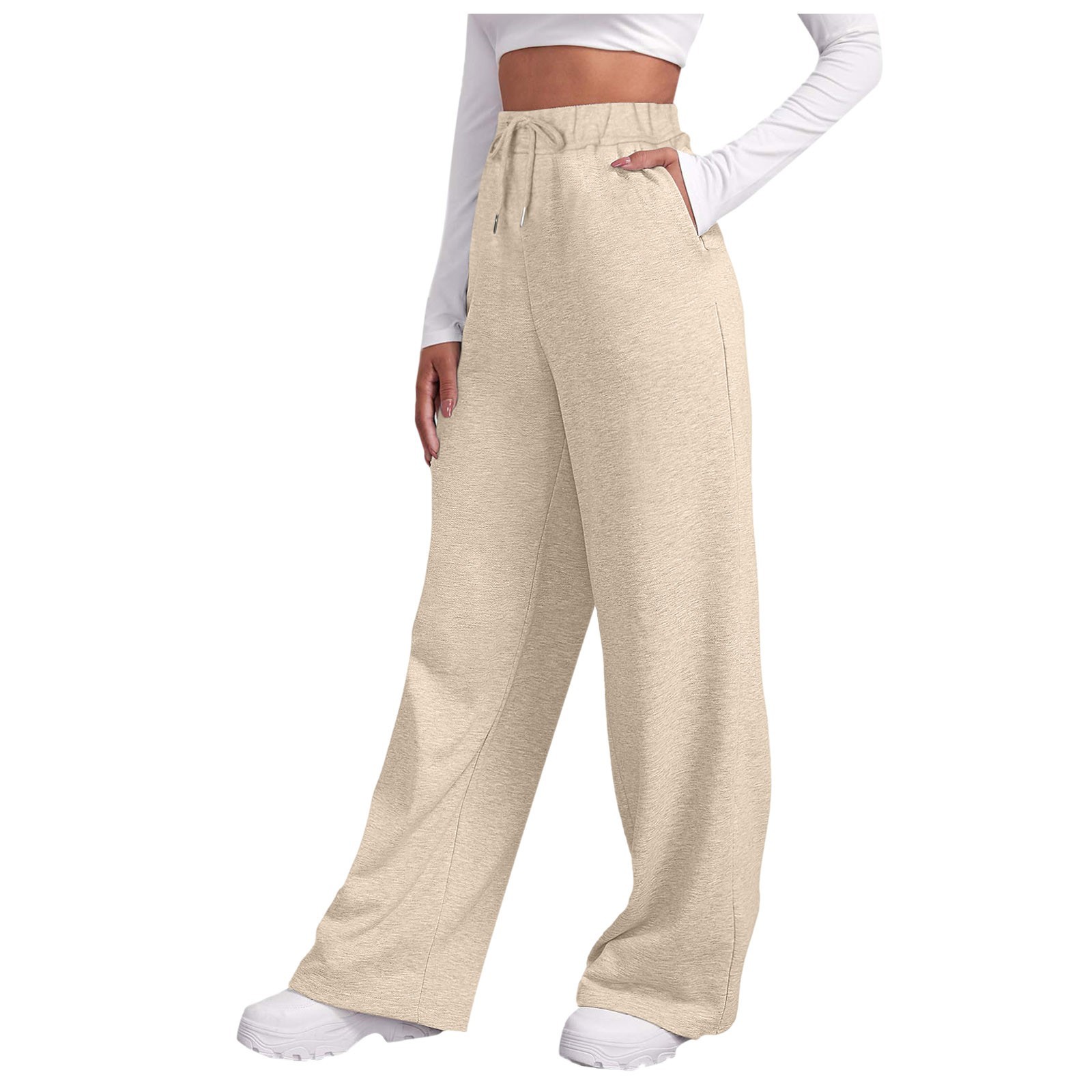 Picture of Amazon new side pocket elastic waist pants rope solid color straight wide leg fleece padded pants 9702