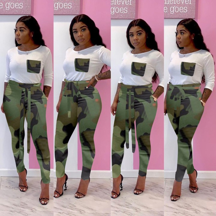 JY20118 Amazon Hot Cross-border New European and American Women's Camouflage Strap Leggings + Jacket Two-piece Set