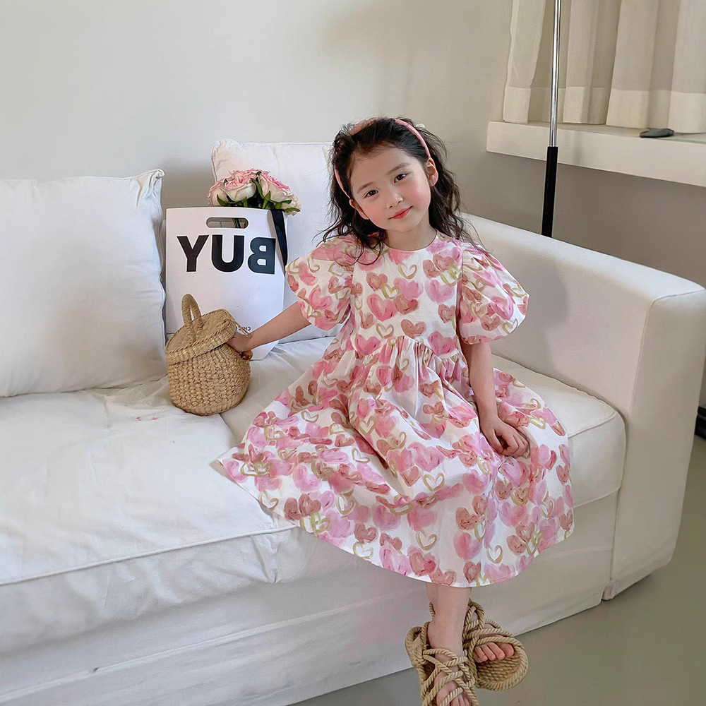 Picture of Girls dress summer new sweet love full print bubble sleeve princess skirt children a generation of hair