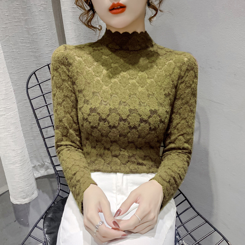 Picture of Half-high Collar Lace Base Shirt Women's Autumn and Winter European Inner Shirt Sanding Long-sleeved T-shirt Mesh Hollow Top