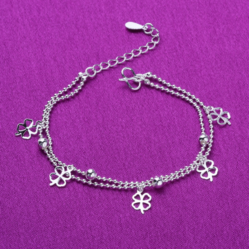 Wholesale four-leaf clover silver anklet Korean hand-woven Lucky Clover bracelet for women couple small gifts event gifts