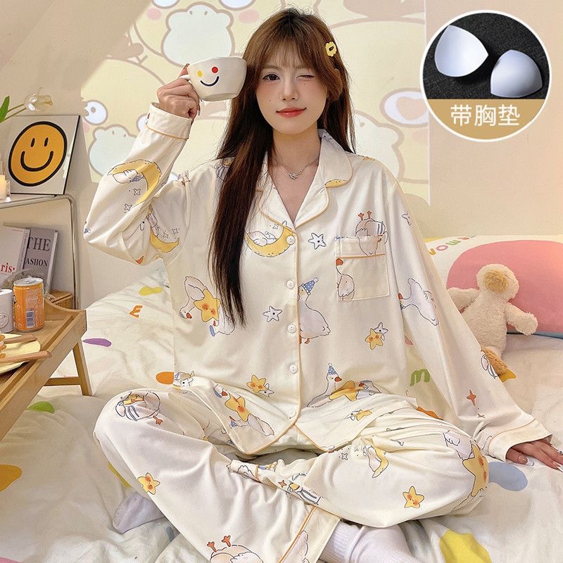 Pajamas Women's Spring and Autumn Cotton Long-sleeved Cardigan Small Lapel with Chest Pad Wear-free Underwear Outer Wear Home Clothes suit