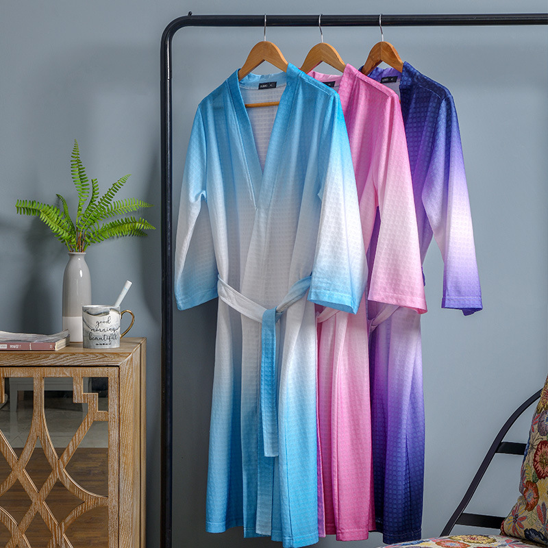 New Chinese Style Gradient Waffle Couple Bathrobe for Women Spring, Summer and Autum Soft Absorbent Breathable Nightgown for Men