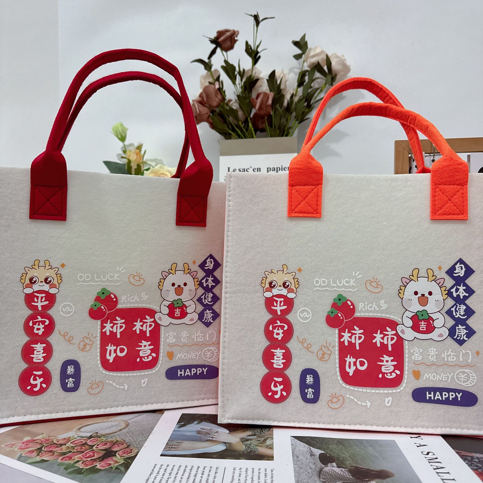 Picture of Trendy Felt Tote Bag with Simple Forest-Style Print, Versatile Large-Capacity Shoulder Felt Bag for Storage