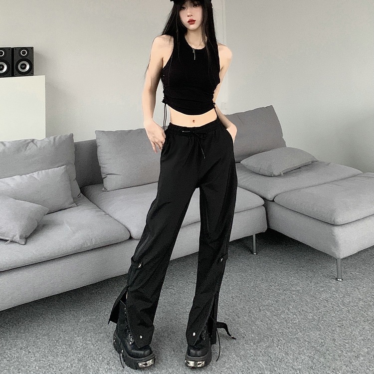 American Retro Street Rushant Pants Zipper Straight Micro-function Casual Pants Strap Vest Two-piece Suit Women's Fashion