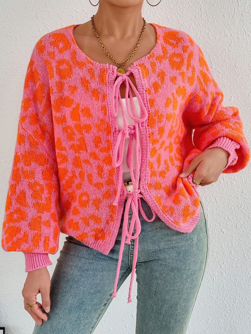 Picture of Cross-border Amazon Fall/Winter New Vintage Leopard Bow Lace-up Cardigan Jacket Crew Neck Long Sleeve Loose Sweater