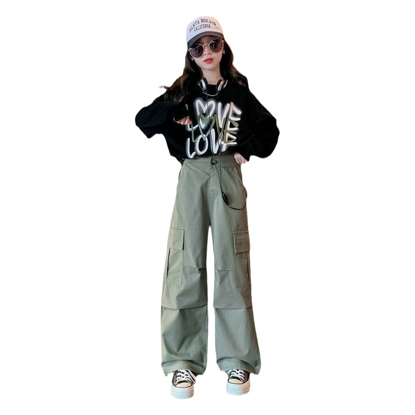 2024 Spring and Autumn New Girls Korean Style Fashion Suit Western Style Letter Top Easiest for Match Loose Overalls Two-Piece Set