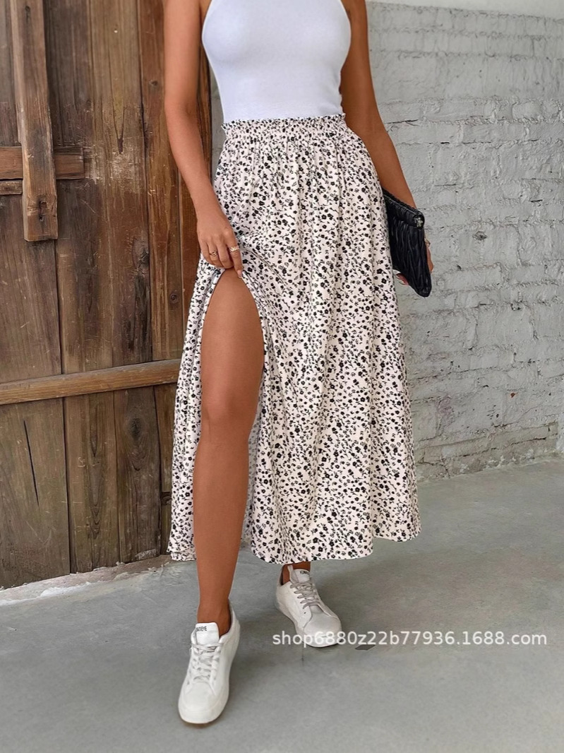 [Customizable] Cross-Border Amazon European and American Leopard Print High-Waisted Slit New Casual A-Line Skirt